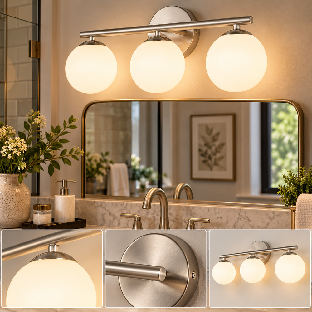 3-Light Brushed Nickel Globe Vanity Light – Mid-Century Bathroom Fixture